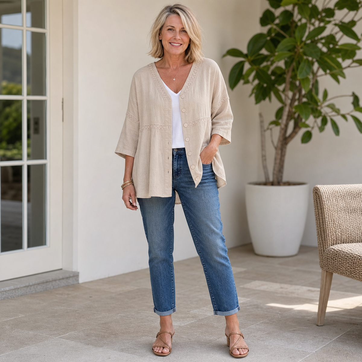 Women's Relaxed Embroidered Button-Front Cardigan Blouse