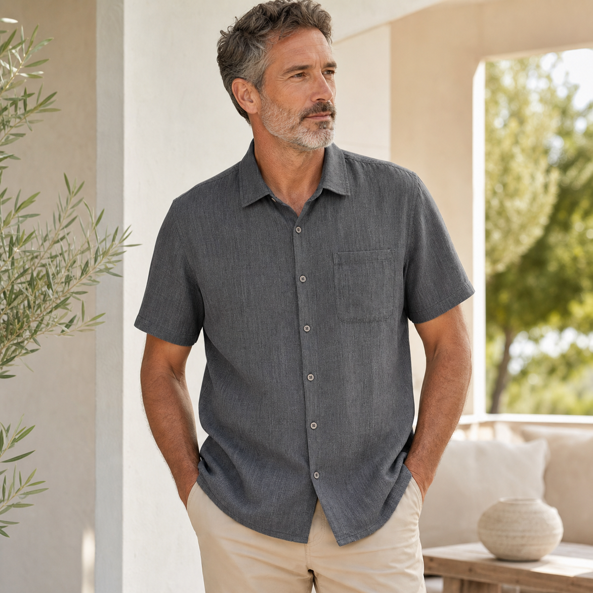 Men's Short Sleeve Linen-Look Button-Up Shirt
