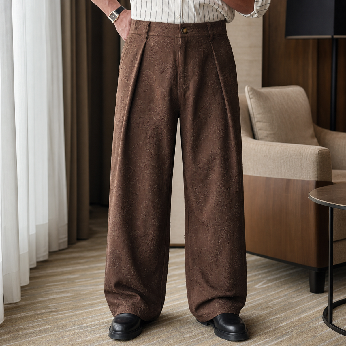 Men's Embossed Floral Wide-Leg Casual Pants