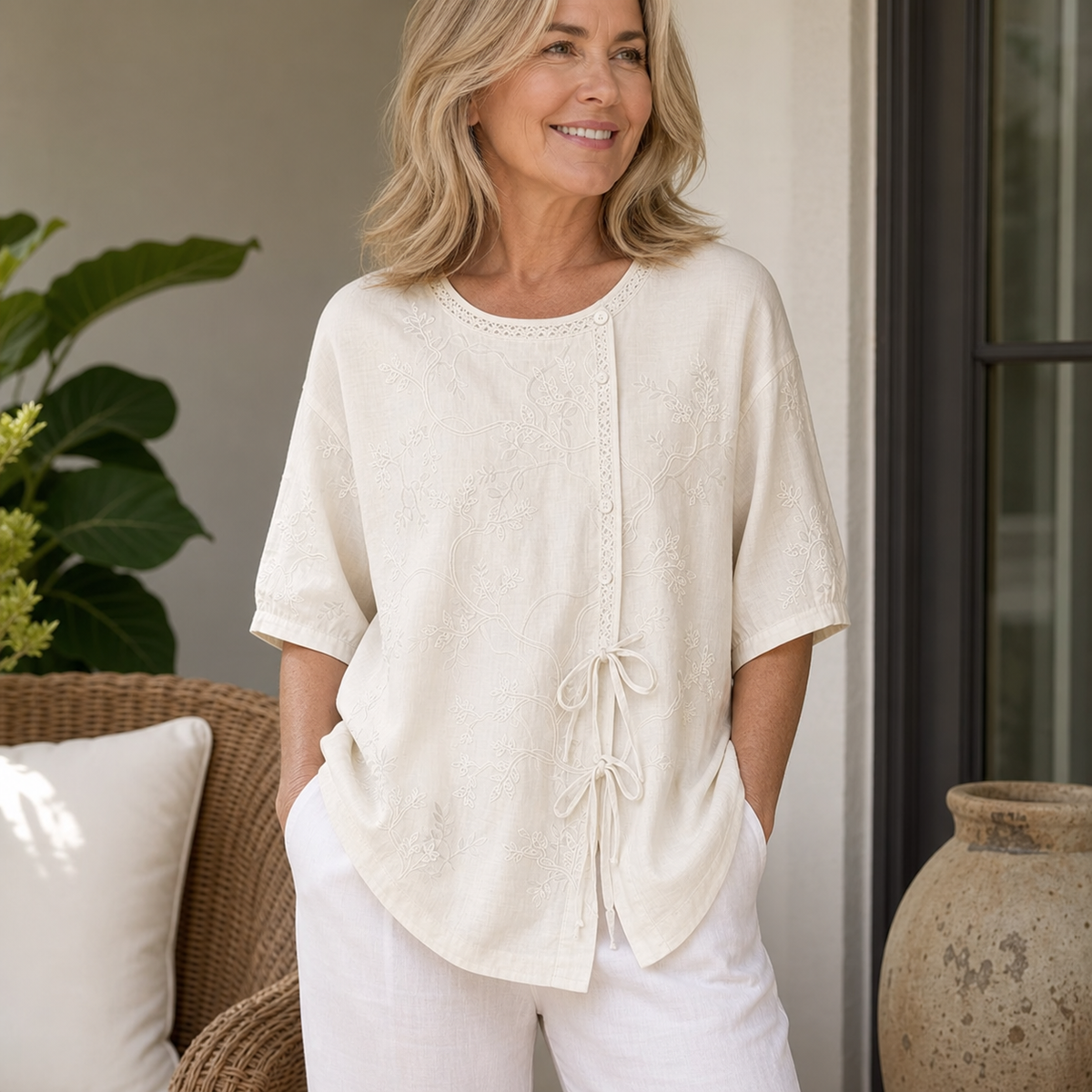 Women's Embroidered Tie-Front Short Sleeve Blouse