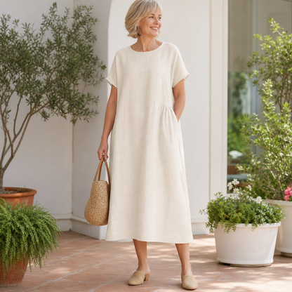 Women's Relaxed Linen-Blend Pocket Midi Dress