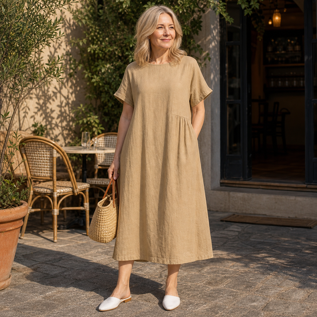 Women's Relaxed Linen-Blend Pocket Midi Dress
