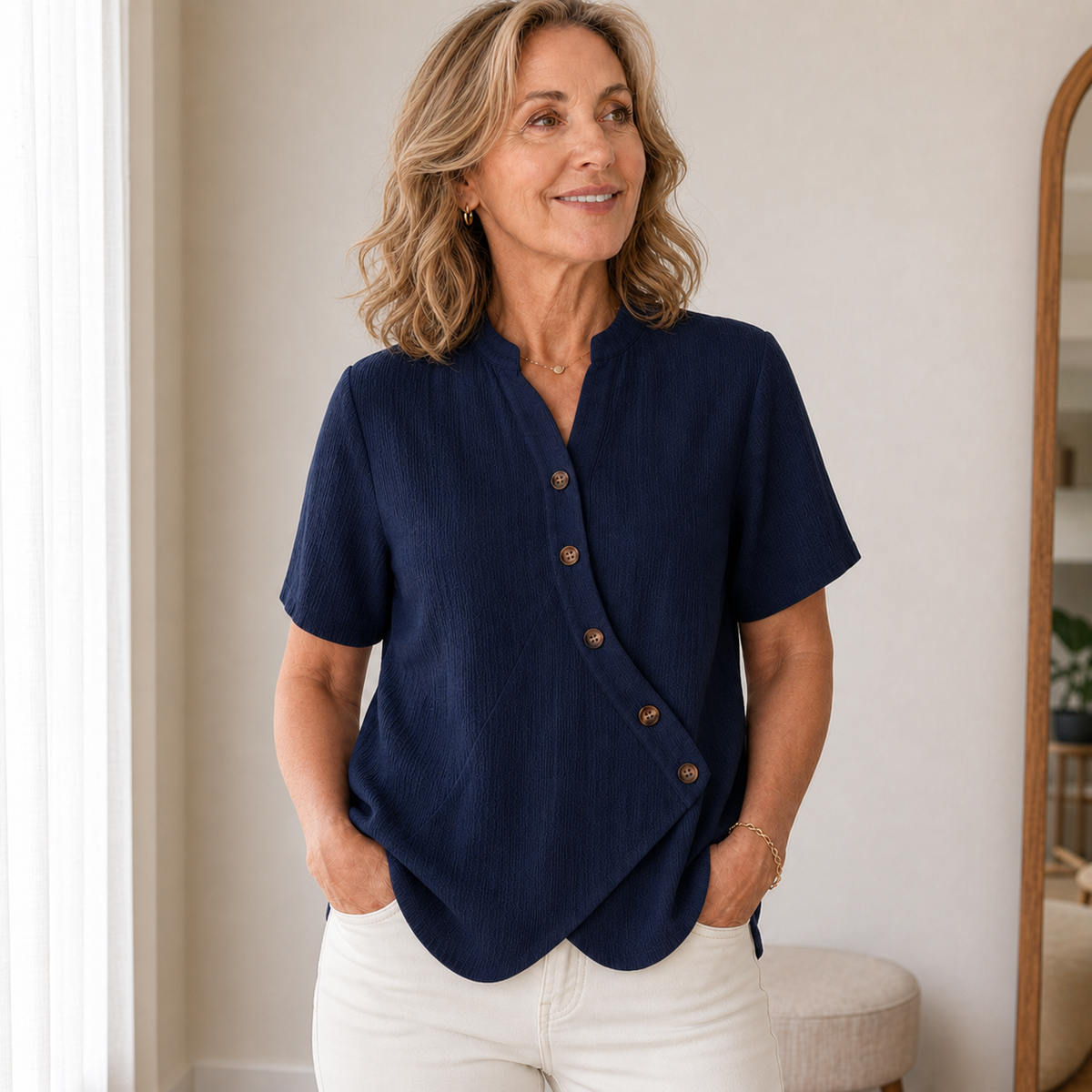 Women's Short Sleeve Asymmetrical Button Blouse