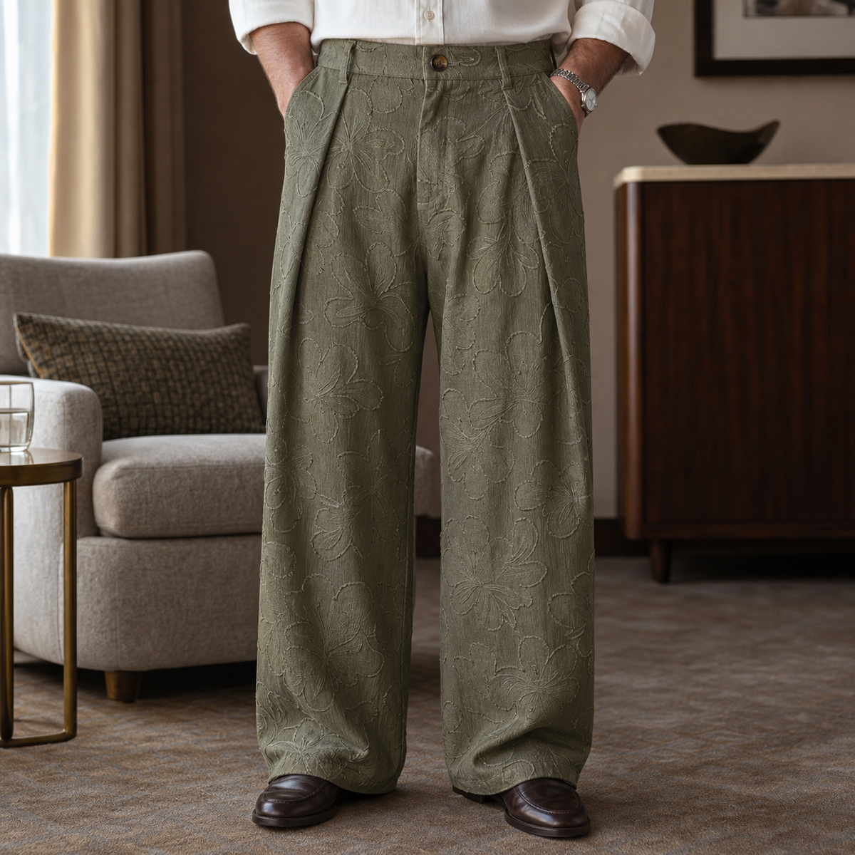 Men's Embossed Floral Wide-Leg Casual Pants