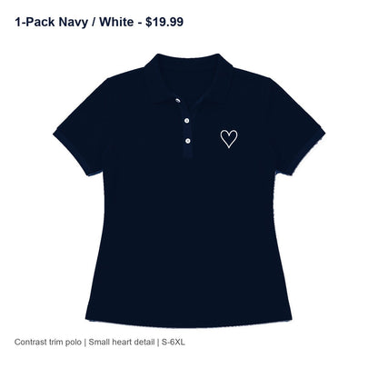 CLEARANCE SALE - Women's Contrast Trim Heart Polo Shirt - 14 Colors & Bundle Deals