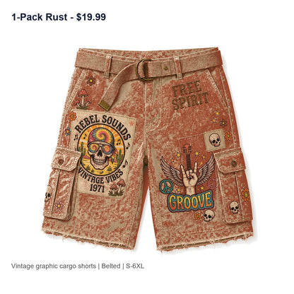 CLEARANCE SALE - Men's Vintage Graphic Cargo Shorts - 14 Colors & Bundle Deals